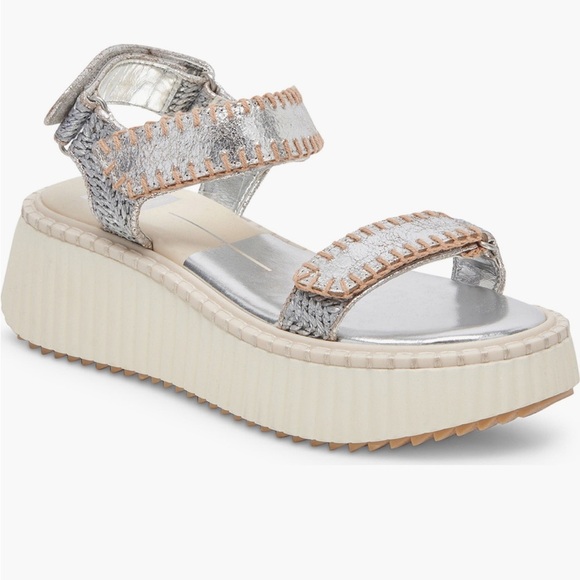 New Dolce Vita Debra Platform Ankle Strap Sandals in Silver Distressed Leather - Picture 1 of 4